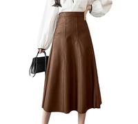 Eleganter Rock mit hoher Taille, Partymode, Damenrock, PU-Leder, Midirock, Herbst, solider Büro-Damenrock, braun, 36