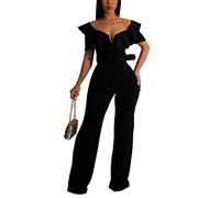Eleganter Rüschen Overall Mit V Ausschnitt Damenmode Sexy Backless Party Jumpsuit Formelle Figurbetonte Einteilige Lange Hose Mit Gürtel (Color : Black, Size : M)