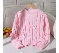 Eleganter, süßer und niedlicher Mädchen-Pullover mit Rundhalsausschnitt, grob gestrickt, in Rosa mit Schleifendetail, geeignet für Herbst/Winter und S