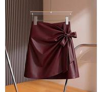 Eleganter und modischer kurzer plissierter Damen Rock mit verstellbarer Schleife-Vorderseite, doppelter Lage und unsichtbarem Reißverschluss aus PU-Le