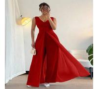 Eleganter V-Ausschnitt Plissee Taille Jumpsuit mit Kunstperlen aus Chiffon mit weitem Bein, geeignet als Hochzeitsgast Kleid, lila Kleidung für die Un