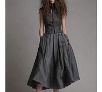 Eleganter Vintage Damen A-Linien Midi-Rock mit hoher Taille, dunkelgrauer glänzender Satin fließender einfarbiger Rock mit Taschen für Büro, Party, Ho