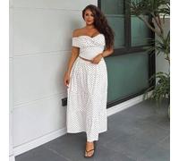 Elegantes 2-teiliges Damen-Set in Große Größen für Frühling/Sommer mit gepunktetem Off-Shoulder figurbetonendem Crop-Top und langem A-Linien-Rock