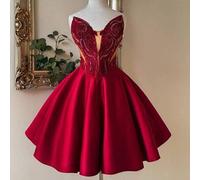 Elegantes 3D besticktes Spitzen-Luxus-Satin Tiefer V-Ausschnitt Meerjungfrau Kurzes Abendkleid, geeignet für Gala