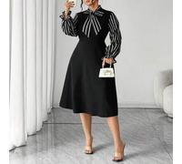 Elegantes A-Linien-Kleid mit langen Ärmeln und gestreifter Taille für Damen in Große Größen, geeignet für Ausflüge im Herbst/Winter