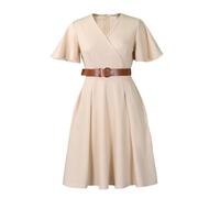Elegantes A-Linien-Kleid Mit Rüschen Und Kurzen Ärmeln Sexy V-Ausschnitt, Hohe Taille, Schwingender Midi-Schnitt, Ideal Als Kirchen-, Hochzeits- Oder Businesskleid(Khaki,S)