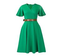Elegantes A-Linien-Kleid Mit Rüschen Und Kurzen Ärmeln Sexy V-Ausschnitt, Hohe Taille, Schwingender Midi-Schnitt, Ideal Als Kirchen-, Hochzeits- Oder Businesskleid(Green,3XL)