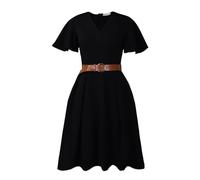 Elegantes A-Linien-Kleid Mit Rüschen Und Kurzen Ärmeln Sexy V-Ausschnitt, Hohe Taille, Schwingender Midi-Schnitt, Ideal Als Kirchen-, Hochzeits- Oder Businesskleid(Black,XX-Large)