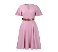 Elegantes A-Linien-Kleid Mit Rüschen Und Kurzen Ärmeln Sexy V-Ausschnitt, Hohe Taille, Schwingender Midi-Schnitt, Ideal Als Kirchen-, Hochzeits- Oder Businesskleid(Pink,M)