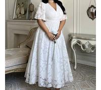 Elegantes A-Linien Maxikleid mit V-Ausschnitt, geraffter Taille, Rüschenärmeln, französischer Spitze und Blumenprint aus Chiffon, geeignet für Hochzei