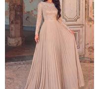 Elegantes Abendkleid mit Perlen & Pailletten, langen Ärmeln - fächerförmiges Dekor, plissierter Chiffonrock - geeignet für Hochzeiten, Galas, formelle