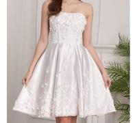 Elegantes ärmelloses, trägerloses, kurzes Satinkleid mit Applikationen und Schnürung am Rücken, weiße A-Linie Brautkleider für die Braut, kurze Blumen