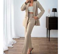 Elegantes Anzugset für kleine Frauen in einfarbigem Beige mit Knopfdetails, bestehend aus Blazer mit langen Ärmeln und gerader langer Hose