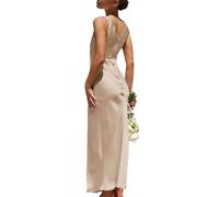 Elegantes aprikosenfarbenes langes Satin-Kleid mit V-Ausschnitt und hohem Schlitz für Hochzeiten