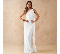 Elegantes asymmetrisches Schulter gerafftes Maxikleid mit offenem Rücken und Rüschensaum aus Mesh, geeignet für Strand, Urlaub, Frühling und Sommer, V