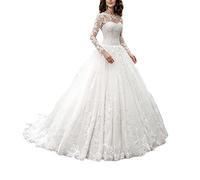 Elegantes Ball-Abendkleid für Damen, langärmelig, Spitze, Zug, Brautkleid, Hochzeitskleid, langes Abendkleid, beige, 50
