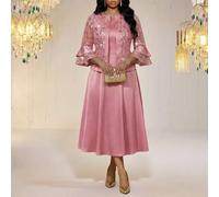 Elegantes, besticktes, glänzendes Set aus Strickjacke mit Rüschenärmeln und Satinkleid in großen Größen, zweiteilig, rosa Kleid, rosa Sets, formelles