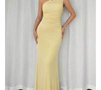 Elegantes blassgelbes Damen-Hochzeitsgastkleid, Sommer-Maxikleid aus Chiffon mit Ein-Schulter-Design und Bindekragen, plissiertes, tailliertes Mesh-Co