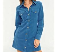 Elegantes blaues Cord-Hemdkleid für Frauen mit langen Ärmeln, Knopfleiste, Midi-Länge mit Taschen, aus Lässig-Webstoff