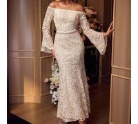 ELEGANTES BLUMIGES JACQUARD STRUKTURIERTES Off-Shoulder KLEID MIT WEITEN ÄRMELN UND FISCHSCHWANZ, GEEIGNET FÜR FORMELLE ANLÄSSE, PARTYS, GALAS