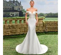 Elegantes Brautkleid im Meerjungfrauenstil mit Spitze am Off-Shoulder und Satin, weißes Brautkleid mit ausgestelltem Rock und Schleppe