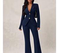 Elegantes Business-Hosenanzug-Set für Damen, bestehend aus marineblauem Blazer mit Goldknopf-Dekor und schmal geschnittener Schlaghose, geeignet für P