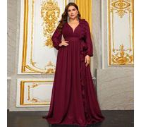 Elegantes Chiffon-Kleid in Große Größen mit 3D-Blumenspitze und Laternärmeln, V-Ausschnitt, Hochzeitsgast-Kleid, Partykleid, Abendkleid, für den Valen