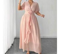 Elegantes Chiffon-Kleid in Große Größen mit V-Ausschnitt, 3D-Rosendekor und Laternenärmeln, geraffter Volantbesatz, knielang, geeignet für Abendkleide