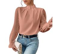 Elegantes Chiffon Langarmoberteil Mit Wellenmuster Für Damen, Frühlings Herbst Stehkragen Einfarbiges Hemd Elegante Bürobluse (Color : Pink, Size : XX-Large)