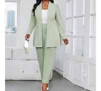 Elegantes Damen-Blazer- und Hosenanzug-Set in Salbeigrün mit Doppeltaschen und Knopfdetail, Langarm, Arbeitsoutfit