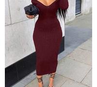 Elegantes Damen Bodycon Bleistiftrock mit V-Ausschnitt, Off-Shoulder, langem Rippstrick-Ärmel, geeignet für Nachtausgänge, Partys, Dates und andere An