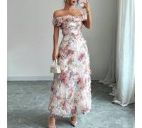 Elegantes Damen Chiffon-Kleid mit 3D Blumen, Off-Shoulder Stil, langes A-Linien Kleid