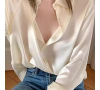 Elegantes Damen-Hemd aus Satin, Revers-Knopf, langärmelig, einfarbig, lässig, Büro, Top, Polyester, seidige Kunstseide, Arbeitshemd für Damen, vier Jahreszeiten (S, Aprikose)