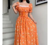 Elegantes Damen-Maxikleid in Burnt Orange mit Blümchen-Patchwork, Rüschenkragen, Blütenblattärmeln und Bindegürtel an der Taille, für Urlaub, Sommer,