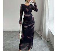 Elegantes Damen Maxikleid mit Farbverlauf, Druckmuster und Rüschen aus Mesh-Material