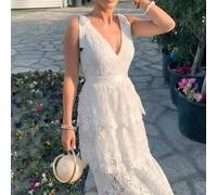 Elegantes Damen Midi-Kleid aus weißer Spitze, figurbetonter Oberteil mit V-Ausschnitt und ärmellos, ausgestellter Rock, Cocktailparty