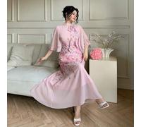 Elegantes Damen Midi-Kleid mit Blumenprint, geraffter Krawattenhalskrause und Volantärmeln, Frühlings-/Sommergast-Kleid für Hochzeiten, Ostern