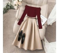 Elegantes Damen Set aus Off-Shoulder Langarm Bluse und A-Linien Rock