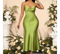 Elegantes Damen Sommerkleid in Olivgrün aus Satin, Maxi-Kleid mit gekreuztem offenem Rücken, Cami-Stil, Fischschwanz-Saum und Swing-Kragen, für Barpar