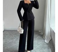 Elegantes Damen-Zweiteiler in Petite-Größe mit quadratischem Ausschnitt, Langarm, Taschen und doppelreihiger Knopfleiste, bestehend aus Blazer und ger