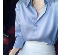 Elegantes Damenhemd aus Satin, Revers, Knopf, langärmelig, einfarbig, lässig, Büro, Top, Polyester, seidige Kunstseide, Arbeitshemd für Damen, vier Jahreszeiten (L blau)