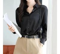 Elegantes Damenhemd aus Satin, Revers, Knopf, langärmelig, einfarbig, lässig, Büro, Top, Polyester, seidige Kunstseide, Arbeitshemd für Damen, vier Jahreszeiten (L schwarz)