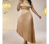 Elegantes Damenkleid in Große Größen, Khaki, asymmetrische Schulter, plissierter Saum, Partykleid, elegante Partykleider, luxuriöse Abendkleider für D