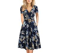 Elegantes Damenkleid mit überkreuztem V-Ausschnitt, Vintage-Stil, kurzärmelig, Arbeit, legere Passform und ausgestelltes Teekleid mit Taschen, 980, Blau floral, Mittel