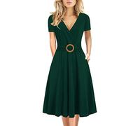 Elegantes Damenkleid mit überkreuztem V-Ausschnitt, Vintage-Stil, kurzärmelig, Arbeit, legere Passform und ausgestelltes Teekleid mit Taschen, 980, Dunkelgrün, Groß