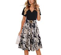 Elegantes Damenkleid mit überkreuztem V-Ausschnitt, Vintage-Stil, kurzärmelig, Arbeit, legere Passform und ausgestelltes Teekleid mit Taschen, 980, Schwarz Apricot, X-Groß