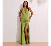 Elegantes, einfarbig grünes Kleid mit hohem Schlitz, langes Neckholder-Strandkleid, Strickkleid aus Modal, elegantes Kleid, Hochzeitsgastkleid, Brunch