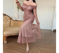 Elegantes einfarbiges Off-Shoulder plissiertes Midi-Kleid für Frauen, Frühlings-/Sommerkleider für Frauen