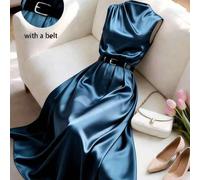 Elegantes farbiges Satin-Kleid für Damen, geeignet für den Arbeitsweg und den Urlaub, fließendes langes Kleid. Gerafftes Design an den Schultern, Klei