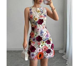 Elegantes fließendes Sommerkleid für Damen in Creme, ärmellos, figurbetont, kurzes Chiffonkleid für Hochzeitsgäste, buntes 3D-Blumenstickerei-Kleid mi